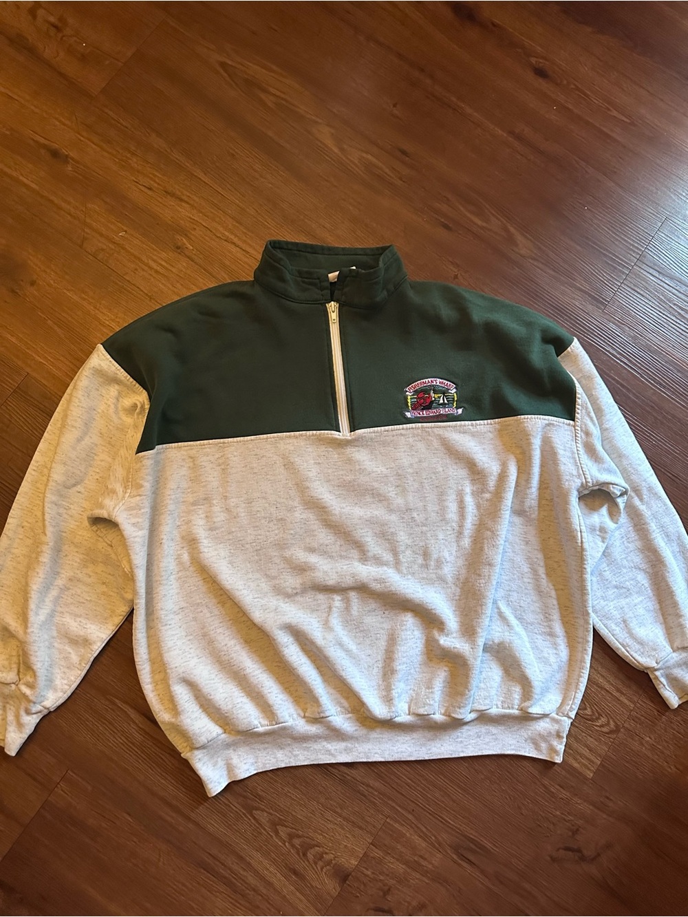 Vintage Men's Two-Tone Green and Gray Quarter-Zip Sweater